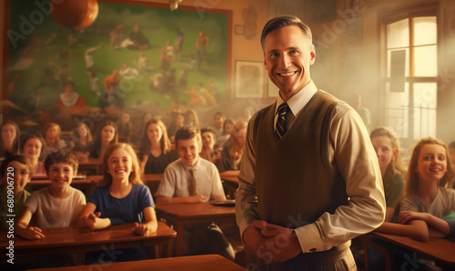 Portrait of a smiling teacher standing in front of his students in a classroom.
