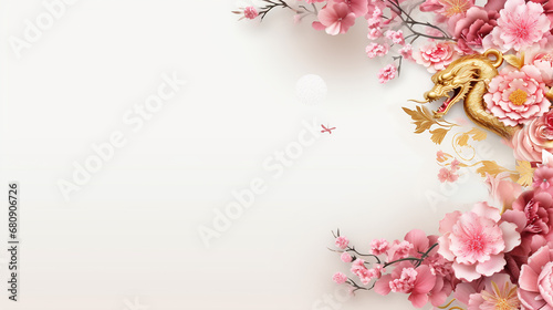 Chinese new year, Year of Dragon,lunar new year,golden dragon,festival,pink peony, lanterns, chinese lanterns, lamp, moon,Greeting card,paper cut,wall paper, background,with space for your text © wipawan