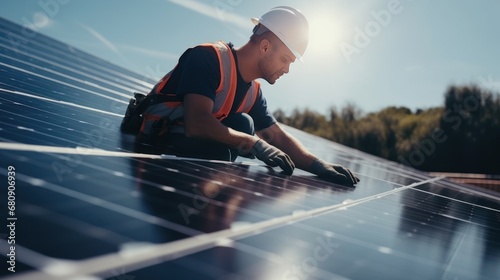 Workers repair and clean solar panels in a solar power plant. Clean energy production concept pure energy solar energy