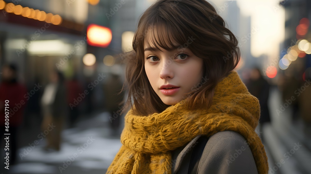 街に立つマフラーを巻いた女性