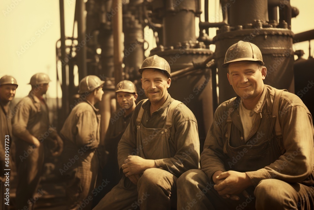 Industrial workers for the production and processing of crude oil.