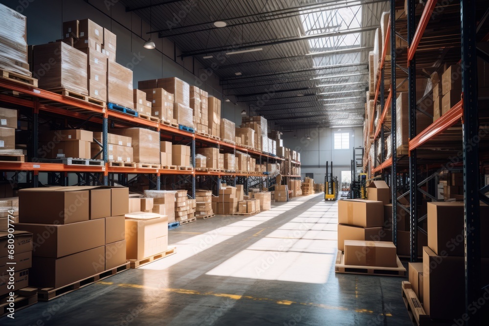 Inside a large warehouse with shelves, pallets and boxes. Inside a large warehouse with shelves, pallets and boxes.