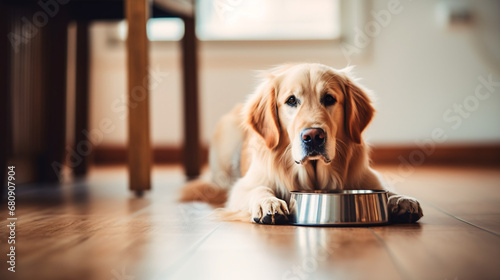 Cute Golden Retriever dog eating food from a bowl at home