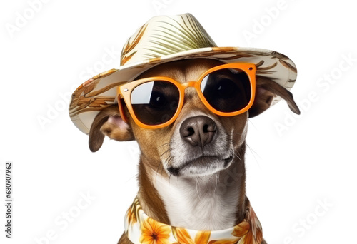 funny dog with sunglasses and hat on transparent background