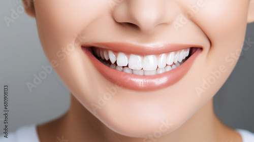 Closeup of smiling young woman with healthy white teeth. Dentistry concept