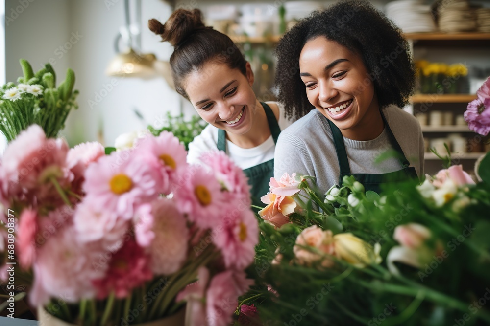 Two cheerful female florists, radiating joy and camaraderie, collaborate on creating a stunning floral arrangement. Two cheerful female florists, radiating joy and camaraderie, collaborate on creating a stunning floral arrangement.
