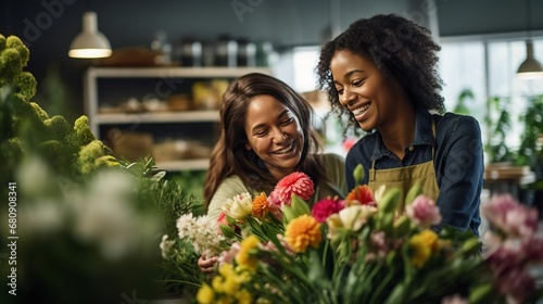 Two cheerful female florists, radiating joy and camaraderie, collaborate on creating a stunning floral arrangement.