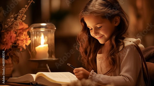 Cute little girl doing homework while sitting at the table in the evening