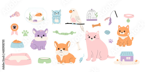 Fototapeta Naklejka Na Ścianę i Meble -  Pets and supplies big collection. Cute cat, dog, hamster, budgie, fish in bowl. Rope toys, puppy couch, kitten feeder with food, parrot cage icon, bone, house element. Vector illustrations set.