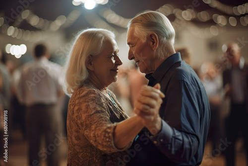 Senior stylish married couple dancing at home Europeans in their 60s, 70s, on the dance floor, dancing a slow dance photo