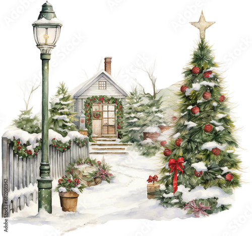 Winter Snow in Vintage Christmas Garden Watercolor