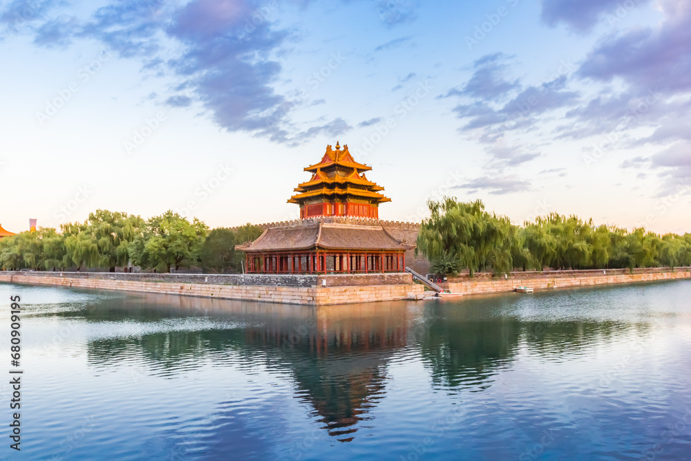Corner tower reflected in the moat of the Forbidden City in Beijing, China Corner tower reflected in the moat of the Forbidden City in Beijing, China