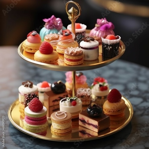 a tiered cake stand filled with elegant mini pastries and desserts
