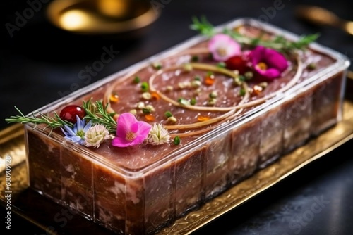 A captivating image of a terrine or pâté with decorative garnishes, displaying the elegance of charcuterie