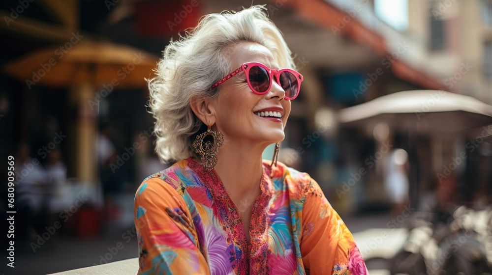 Vibrant Summer in Bangkok: Portrait of a Happy Mature Woman in Colorful Attire Vibrant Summer in Bangkok: Portrait of a Happy Mature Woman in Colorful Attire