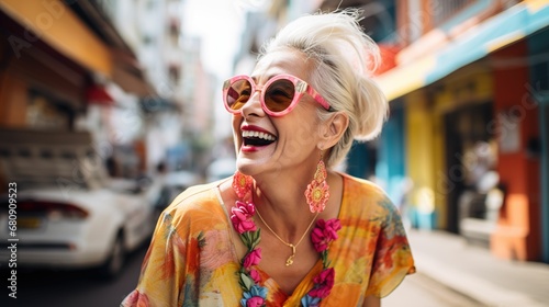 Vibrant Summer in Bangkok: Portrait of a Happy Mature Woman in Colorful Attire