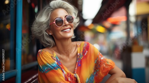 Vibrant Summer in Bangkok: Portrait of a Happy Mature Woman in Colorful Attire