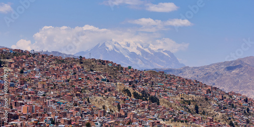 La Paz city and view of Mount Illimani, Bolivia.