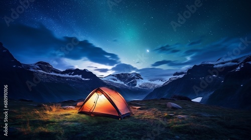 Camping in wild northern mountains with an illuminated tent viewing a spectacular northern lights aurora. Travel adventure landscape background