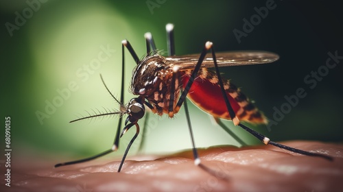 Mosquito filled with blood, macro photo, biting a person, sucking blood. Aedes aegypti spread dengue fever, chikungunya, Zika fever, Malaria (Mayaro) and yellow fever viruses photo