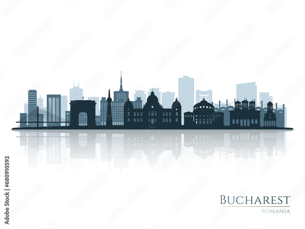 Bucharest skyline silhouette with reflection. Landscape Bucharest, Romania. Vector illustration.