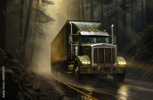A green truck drives through the foggy forest, delivering cargo in any weather conditions, Generative AI