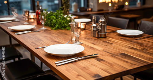 Table set for lunch or dinner in modern restaurant  close-up. restaurant table setting with cutlery and plates in restaurant. 