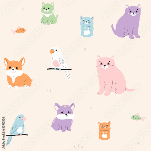 Fototapeta Naklejka Na Ścianę i Meble -  Pets seamless pattern. Cute cat, doodle budgie, little dog, hamster. Domestic baby animals. Puppy, kitten, parrot, fish on beige background. Vector childish illustration.