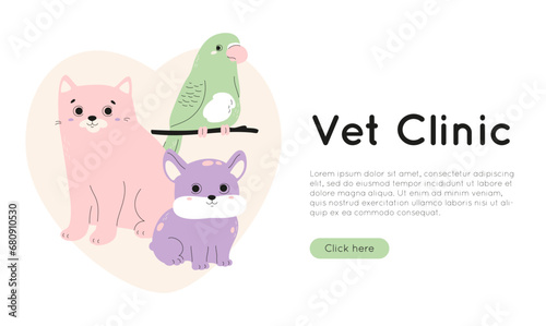 Vet clinic web banner template with cute domestic animals. Cat, puppy and budgie on abstract heart shape background. Pet care concept. Vector illustration with little dog, parrot on branch, kitten.