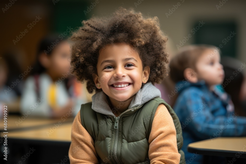 Portrait of smiling boy with book on bench in classroom Portrait of smiling boy with book on bench in classroom