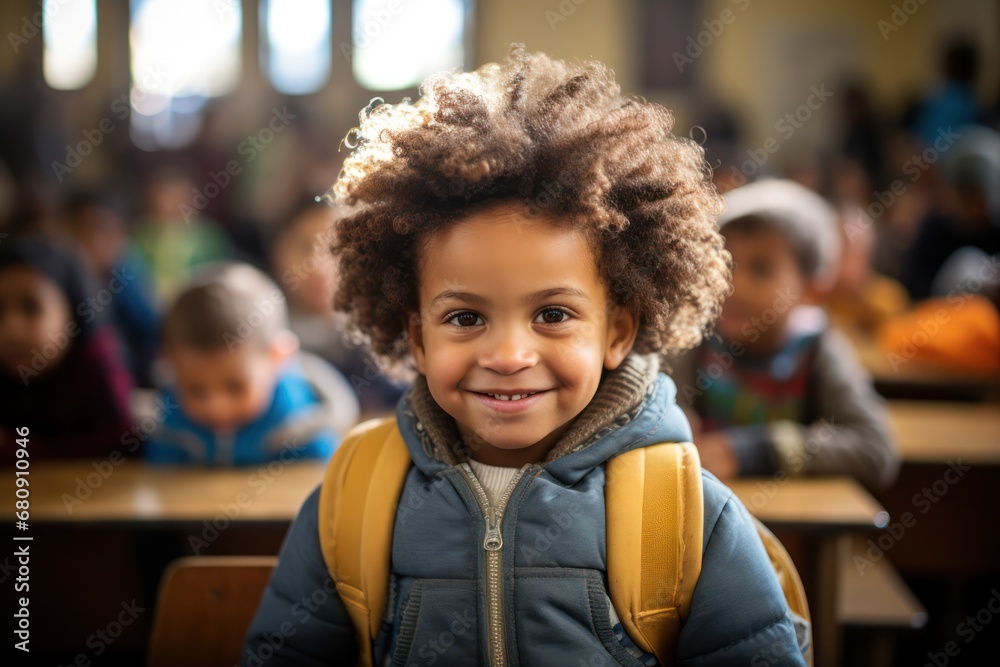 Portrait of smiling boy with book on bench in classroom Portrait of smiling boy with book on bench in classroom