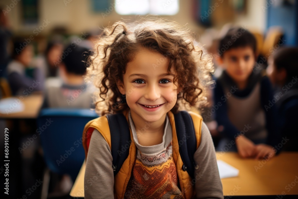 Portrait of smiling girl with book on bench in classroom Portrait of smiling girl with book on bench in classroom
