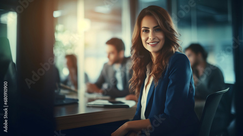 Successful Business woman boss sitting in a boardroom with her team on Defocused Bokeh flare office background photo