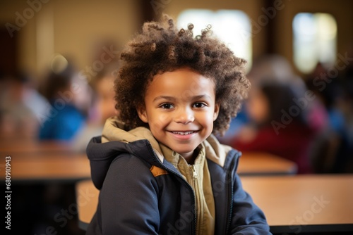 Portrait of smiling boy with book on bench in classroom