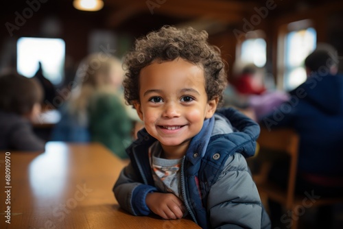 Portrait of smiling boy with book on bench in classroom