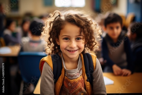 Portrait of smiling girl with book on bench in classroom