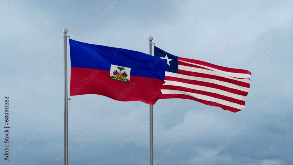 Liberia and Haiti flag waving together on cloudy sky, endless seamless loop, two country cooperation concept Liberia and Haiti flag waving together on cloudy sky, endless seamless loop, two country cooperation concept