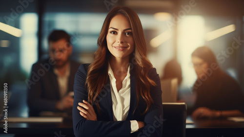 Successful Business woman boss sitting in a boardroom with her team on Defocused Bokeh flare office background