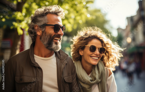 A man and a woman in sunglasses are walking and smiling on the city streets in the summer, generative AI