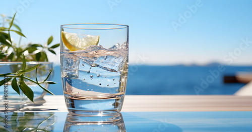 A clear glass filled with water and ice. There was a sliced lemon floating on top. Next to it was a small green tree. This picture gave a refreshing feeling. Feels energized after exercising.