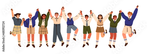 Happy school students, boys and girls group jumping up, holding hands. Excited children classmates, kids team in uniform. Pupils friends together. Flat vector illustration isolated on white background