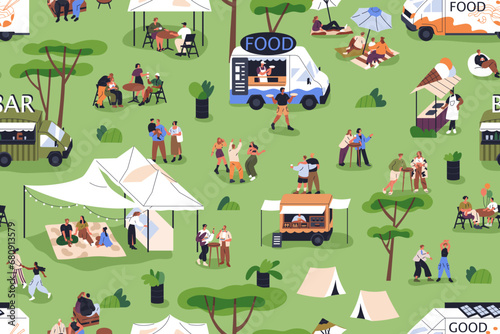 Open-air festival in park. People relaxing at street food fest with trucks, tents. Public picnic, camp in nature on summer holiday, weekend leisure. Crowd at outdoor event. Flat vector illustration