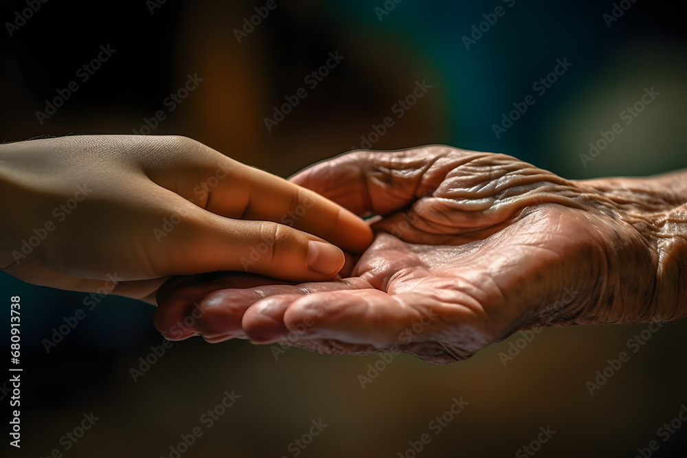 Fototapeta premium Taking care of the elderly concept with young woman holding the hand of a senior