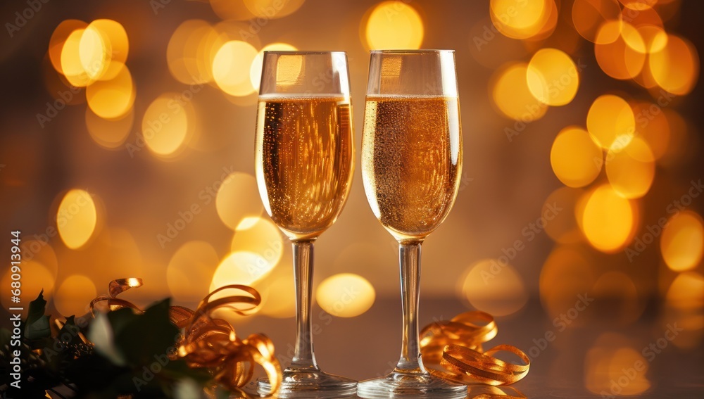 Champagne for festive cheers with gold sparkling bokeh background. Ai Generative Champagne for festive cheers with gold sparkling bokeh background. Ai Generative