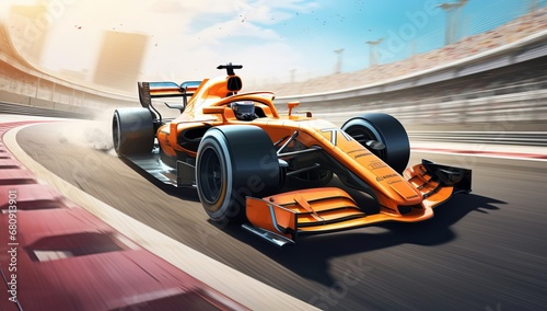 An Energetic Orange Race Car Speeding Down the Vibrant Race Track