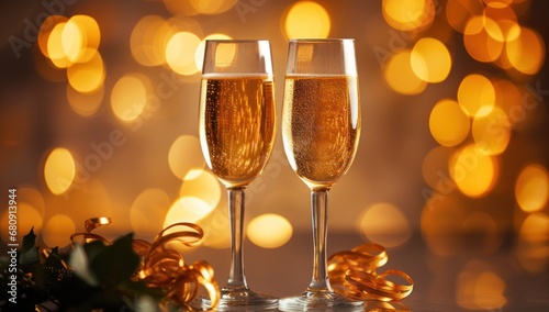 Champagne for festive cheers with gold sparkling bokeh background. Ai Generative