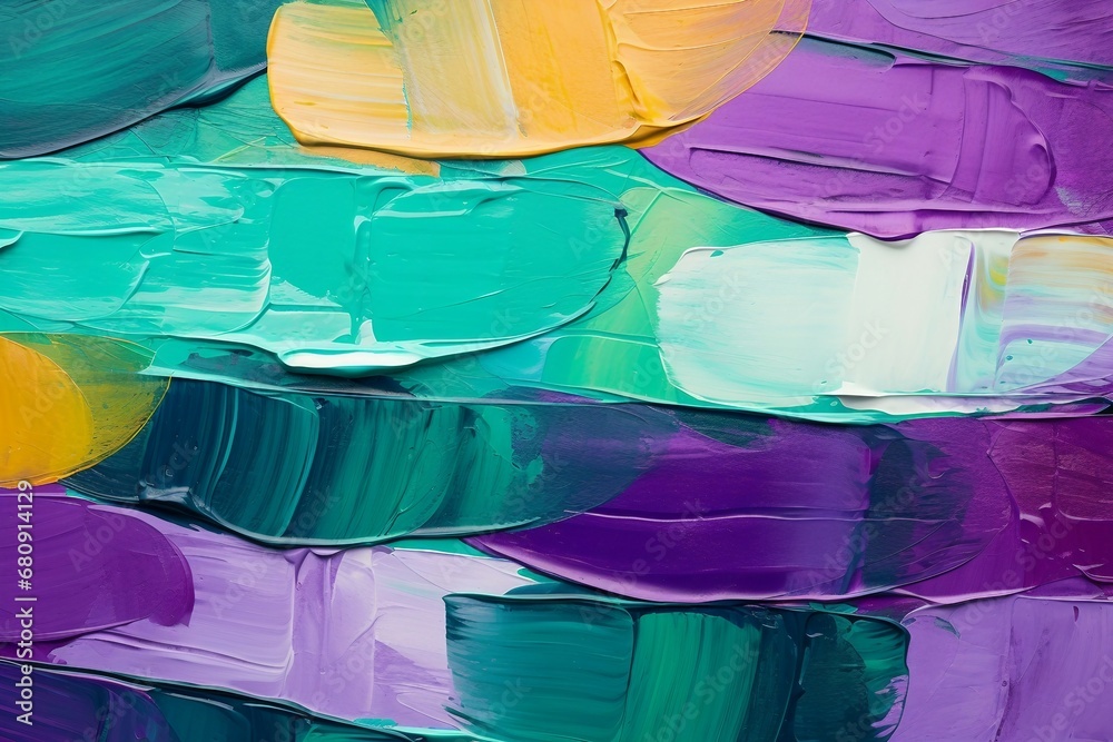 カラフルな油絵抽象バナー）紫と青緑と黄色と白のラフなオーバルを使った模様