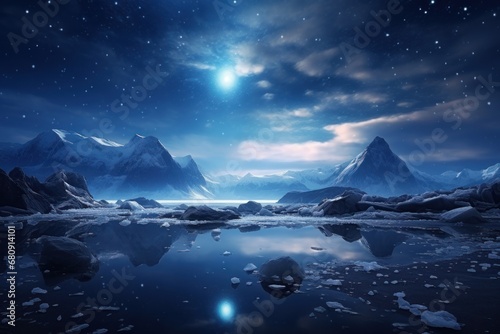 photograph of Arctic landscape with blue starry sky, water, ice, snowy rocks, milky way. Space and galaxy