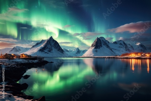 photograph of Aurora borealis (northern lights) over mountains with Skagsanden beach, Lofoten Islands, Norway