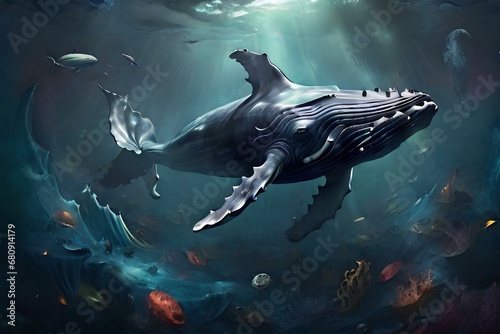 whale in the depp sea illustration art work. Generate AI  photo